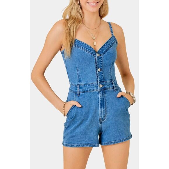 NWOT American Threads Playful Button Front Denim Ines Romper One-Piece Small - Picture 1 of 16